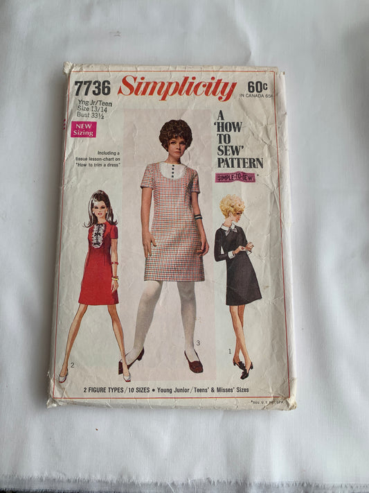 Simplicity Sewing Pattern 7736 Misses'/Junior Dress Detachable Collar, Cuffs, Long/Short Sleeves, Zipper Back, Size 13-14, Cut, Vintage 1968
