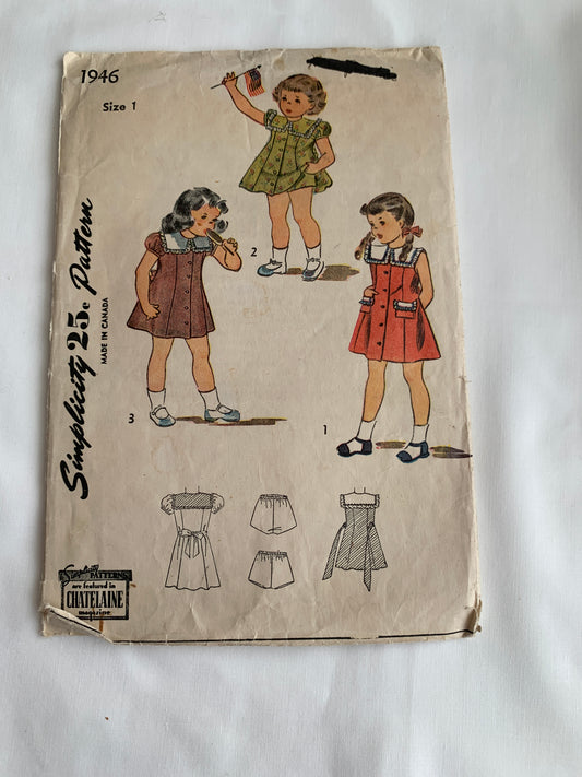 Simplicity Sewing Pattern 1946 Girls' One-Piece Dress, Panties, Button Front, Sailor Collar, Tie Ends, Size 1, Cut, Vintage 1950