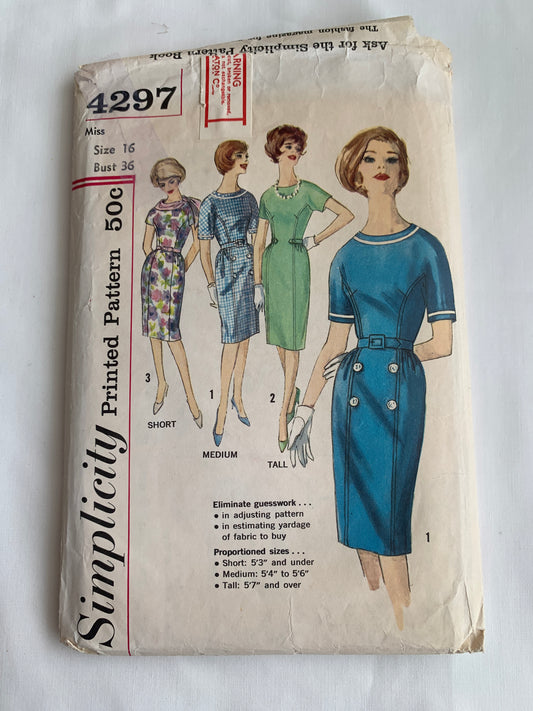 Simplicity Sewing Pattern 4297 Misses' Dresses, Zipper Back, Short Sleeves, Slim, Size 16, Cut, Vintage 1960
