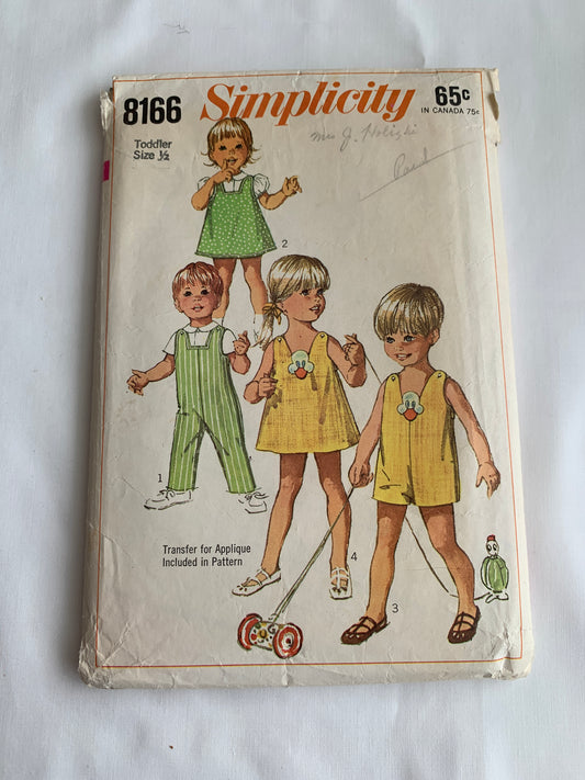 Simplicity Sewing Pattern 8166 Toddlers' Overall, Two Lengths, Jumper, Blouse, Short Sleeves, Peter Pan Collar, Size 1/2, Cut, Vintage 1969