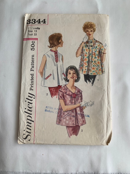 Simplicity Sewing Pattern 3344 Misses' Maternity Tops, Pleats, Short Sleeves, Sleeveless, Pullover, Size 13, Cut, Vintage 1960