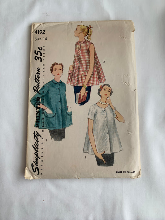 Simplicity Sewing Pattern 4192 Misses' Maternity Tops, Long/Short Sleeves, Sleeveless, Button Front, Pockets, Size 14, Cut, Vintage 1952