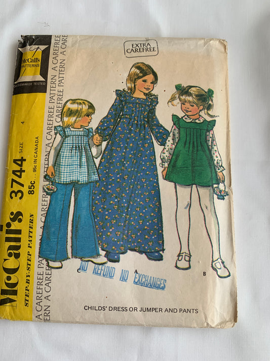 McCall's Sewing Pattern 3744 Girls' Jumper, Dress, Pants, Two Lengths, Zipper Back, Tie Ends, Long/Short Sleeves, Size 4, Cut, Vintage 1973