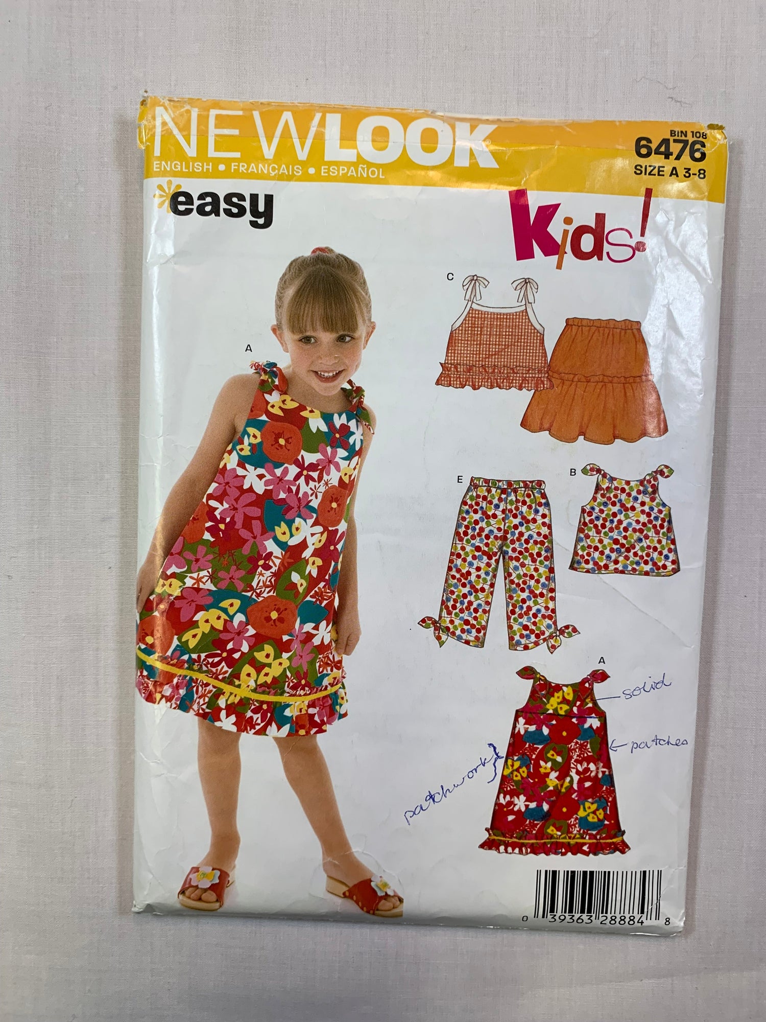 Simplicity New Look Sewing Pattern 6476 Girls' Top, Capri Pants, Dress, Shirt, Shoulder Ties, Size 3-8, Cut, 2005