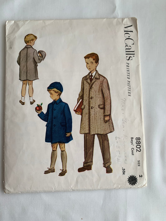 McCall's Sewing Pattern 8802 Boys' Coat, 3 Variations, Button Front, Pockets, Long Sleeves, Collar, Size 2, Cut, Vintage 1951