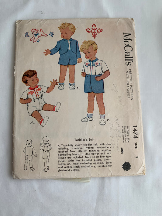 McCall's Sewing Pattern 1474 Toddler's Suit, Shirt, Shorts, Jacket, Button Front, Snap Crotch, Size 1, Cut, Vintage 1949