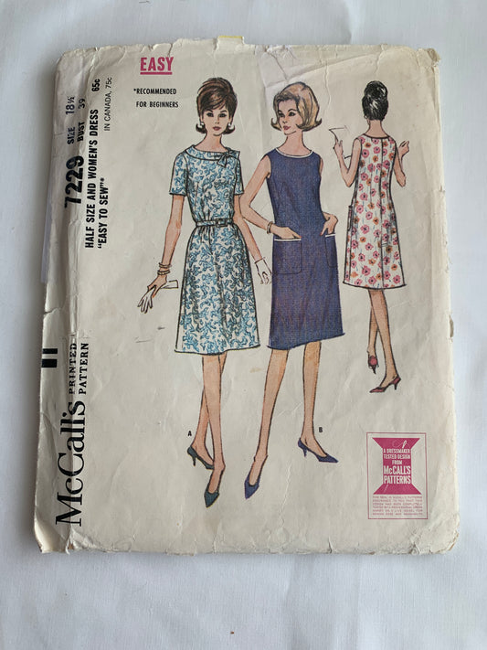 McCall's Sewing Pattern 7229 Misses' Dress, Short Sleeves, Zipper Back, Half-Size, Pockets, Size 18 1/2, Cut, Vintage 1964