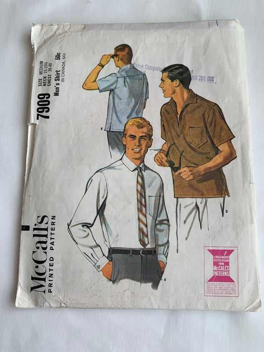 McCall's Sewing Pattern 7909 Men's Shirts, Long/Short Sleeves, Pullover, Collar, Pocket, Size 38-40, Cut, Vintage 1965