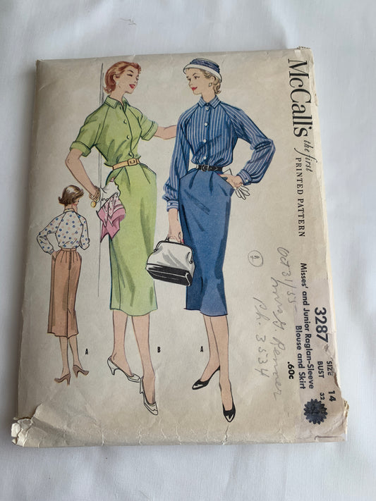 McCall's Sewing Pattern 3287 Misses'/Juniors Blouse, Skirt, Long/Short Raglan Sleeves, Pockets, Button Front, Size 14, Cut, Vintage 1950