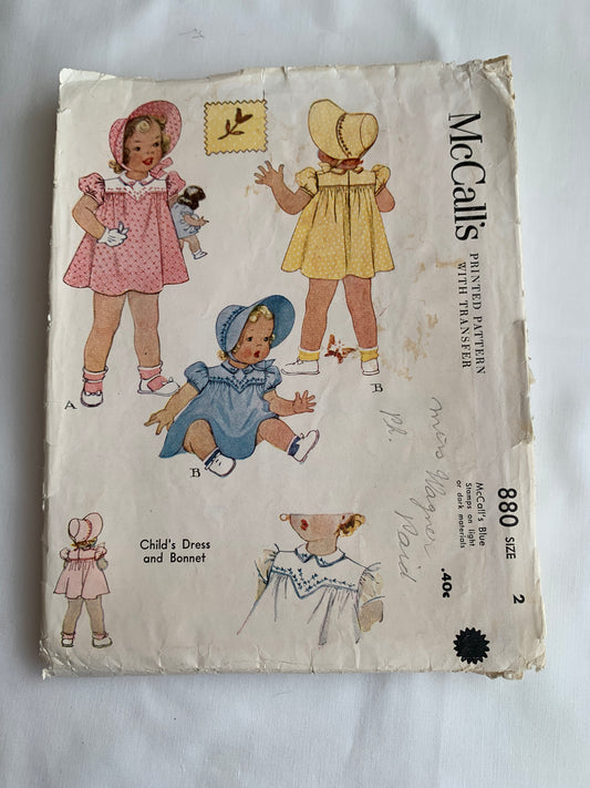 McCall's Sewing Pattern 880 Child's Dress, Bonnet, Transfers, Short Puff Sleeves, Size 2, Cut, Vintage 1940