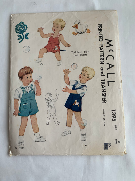 McCall's Sewing Pattern 1395 Boys' T-Shirts, Shorts, Bib, Pockets, Snap Crotch, Transfers, Size 2, Cut, Vintage 1948