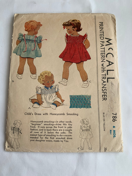 McCall's Sewing Pattern 786 Child's Dress, Honeycomb Smocking, Short Puff Sleeves, Size 6 Mths, Cut, Vintage 1940