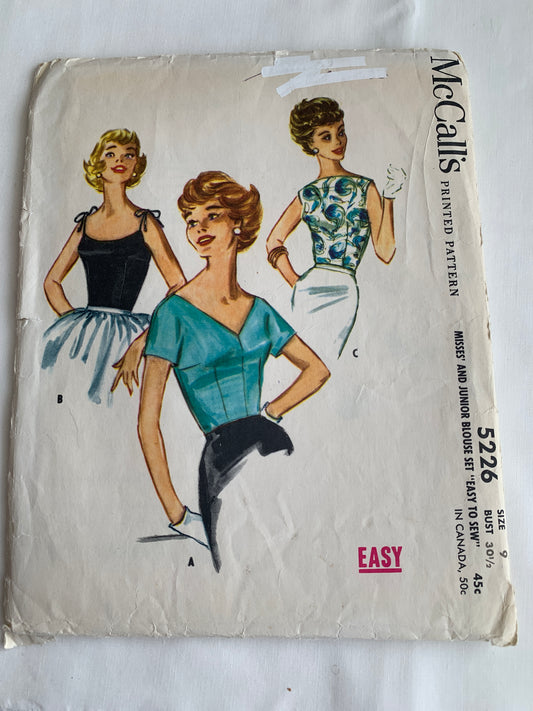 McCall's Sewing Pattern 5226 Misses' Blouse,Three Variations, Sleeveless, Zipper Back, Size 9, Cut, Vintage 1950