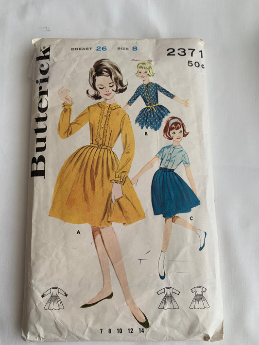 Butterick Sewing Pattern 2371 Girls' Dress, Long/Short Sleeves, Collar, 3 Variations, Size 8, Cut, Vintage 1940