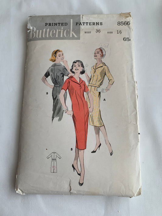 Butterick Sewing Pattern 8566 Misses' Chemise Dress, Tie Belt, Semi-Fitted, Long/Short Sleeves, Side Zipper, Size 16, Cut, Vintage 1958