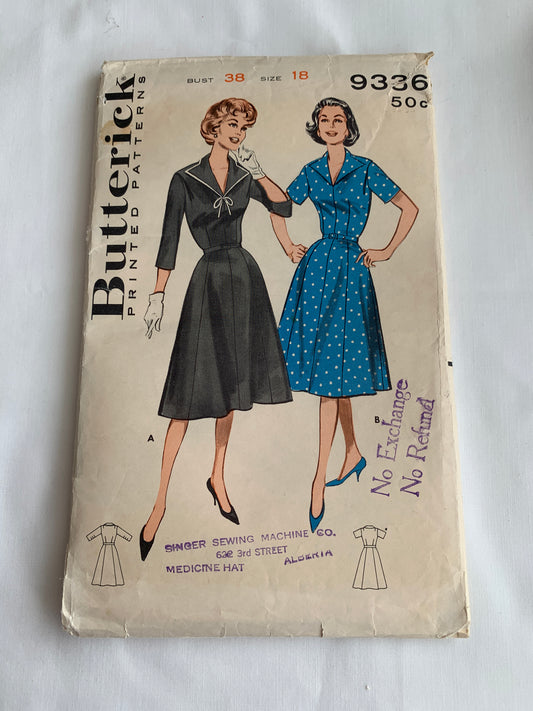 Butterick Sewing Pattern 8453 Misses'/Junior Empire Dress, Short Sleeves, Zipper Back, Fitted, Size 15, Cut, Vintage 1958