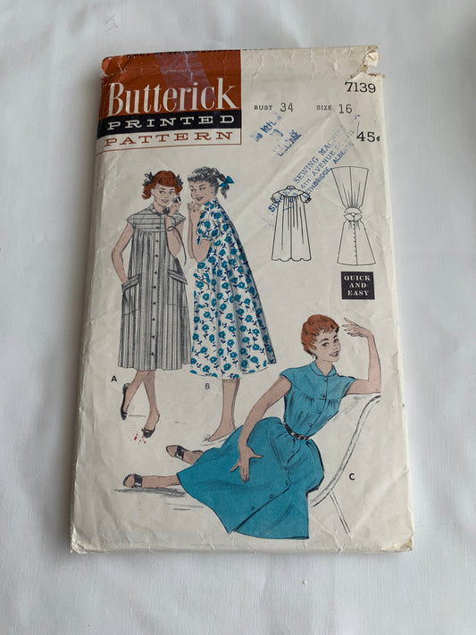 Butterick Sewing Pattern 7139 Misses' Robe, Housecoat, Morning Coat, Loose-Fitting, ShortSleeves, Button Front, Pockets, Size 16, Cut, Vintage 1950