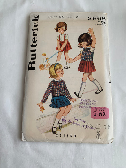 Butterick Sewing Pattern 2866 Girls' Jacket, Vest, Skirt, Blouse, Long/Short Sleeves, Button Front, Size 6, Cut, Vintage 1950