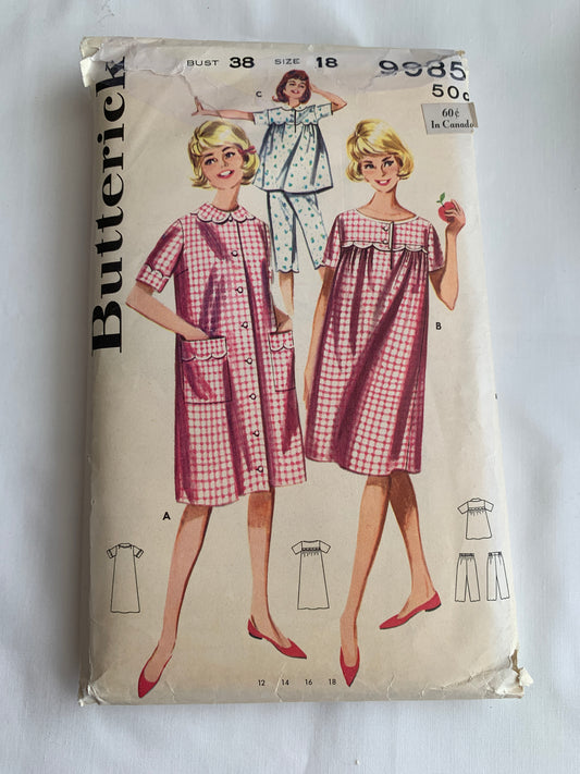 Butterick Sewing Pattern 9985 Misses' Robe, Housecoat, Top, Pants, Loose-Fitting, Short Sleeves, Button Front, Pockets, Size 18, Cut, Vintage 1963