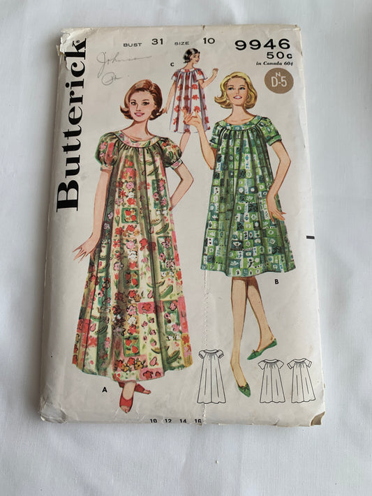 Butterick Sewing Pattern 9946 Misses' Dress, Muu Muu, Two Lengths, Loose-Fitting, Short Sleeves, Pullover, Size 10, Cut, Vintage 1960