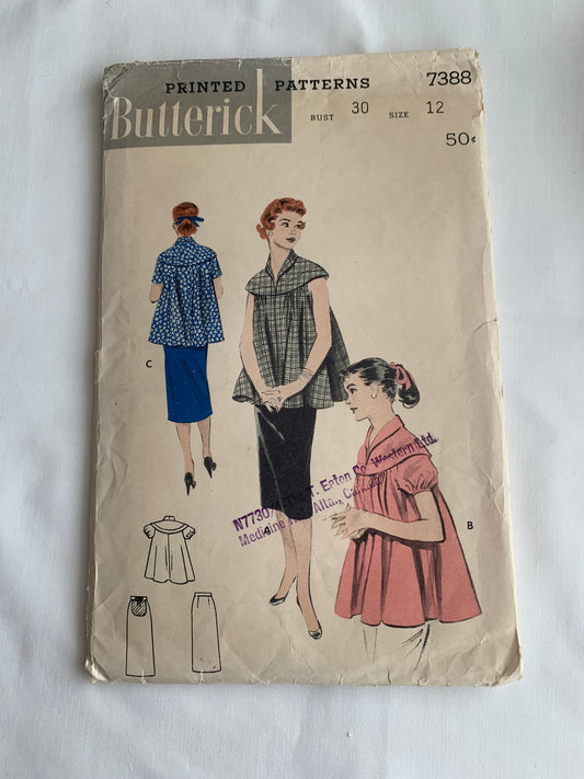 Butterick Sewing Pattern 7388 Misses' Maternity Top, Skirts, Loose-Fitting, Short Sleeves, Smock, Size 12, Cut, Vintage 1950