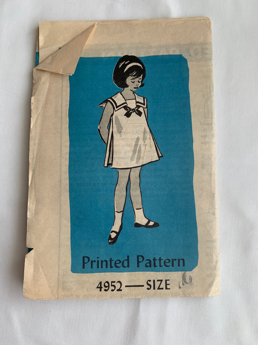 Family Herald Sewing Pattern 4952 Girls' Dress, Sleeveless, Darts, Loose Fitting, Size 6 Cut, Vintage 1967