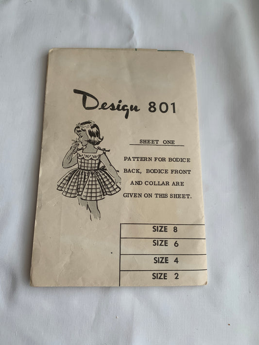 Design 801 Girls' Dress, Sleeveless, Flared Skirt, Fitted Bodice, Size 2-8, Uncut, Vintage 1955