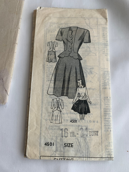 Family Herald Sewing Pattern 4501 Misses'/Women's Dress, Zipper Back, Short Sleeves, Darts, Fitted, Pockets, Size 16, Cut, Vintage 1947