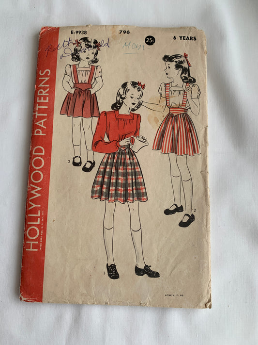 Hollywood Sewing Pattern 796 Girls' Blouse, Skirt, Suspenders, Long/Short Sleeves, Button Back, Tie Belt, Size 6, Cut, Vintage 1940