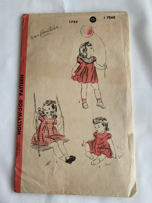 Hollywood Sewing Pattern 1785 Girls' Dress, Short Puff Sleeves, Button Back, 3 Variations, Size 1, Cut, Vintage 1940