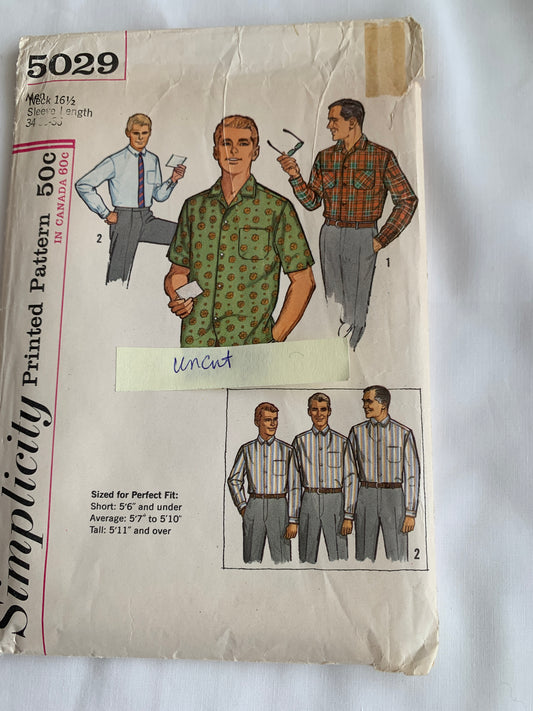 Simplicity Sewing Pattern 5029 Men's Shirt, 2 Variations, Collar, Pocket, Button Front, Long/Short Sleeves, Size 14, Uncut, Vintage 1950
