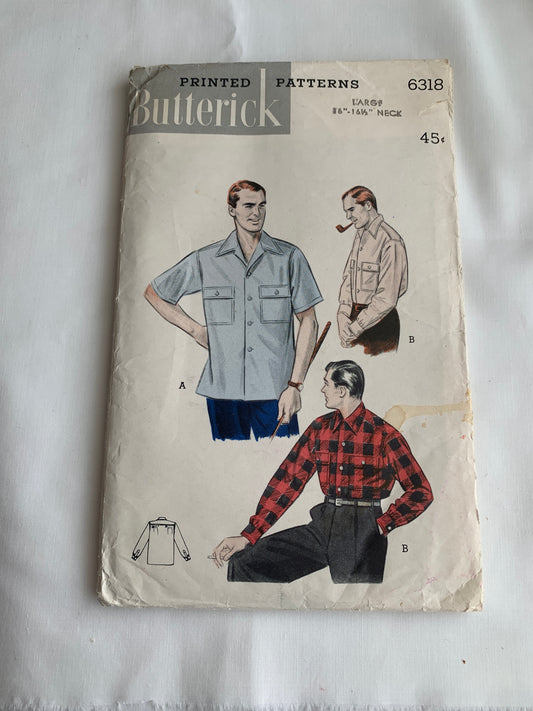 Butterick Sewing Pattern 6318 Men's Shirt, Collar, Long/Short Sleeves, Pockets, Button Front, Size 16-16 1/2 Neck, Uncut, Vintage 1950