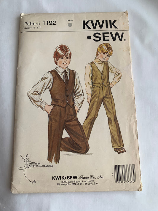 KWIK Sewing Pattern 1192 Boys' Pants, Vest, Button Front, Zipper Front, Pockets, Size 4-7, Uncut, Vintage 1982