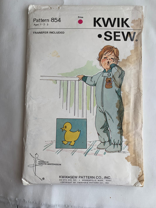 KWIK Sewing Pattern 854 Toddlers' Sleeper, Long Raglan Sleeves, Zipper Front, Feet, Size 1-3, Uncut, Vintage 1980