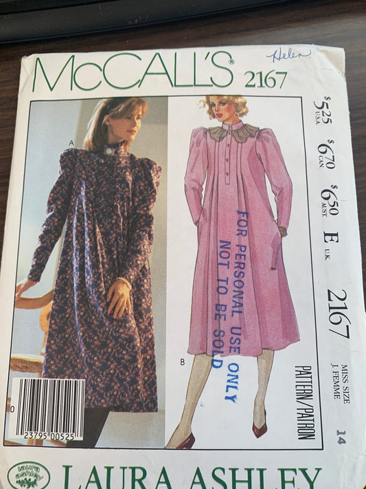 McCall's Laura Ashley Sewing Pattern 2167 Misses' Dress, 2 Variations, Pullover, Long/Short Sleeves, Size 14, Uncut, Vintage 1985