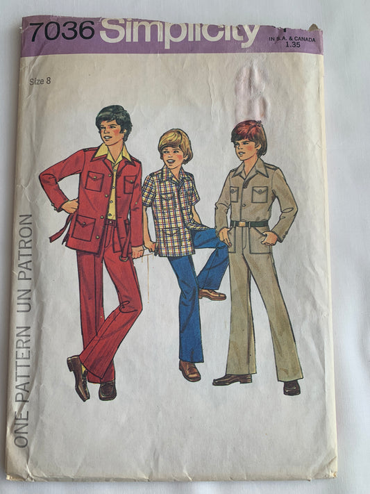 Simplicity Sewing Pattern 7036 Boys' Shirt-Jacket, Pants, Fly Zipper, Long/Short Sleeves, Size 8, Cut, Vintage 1975