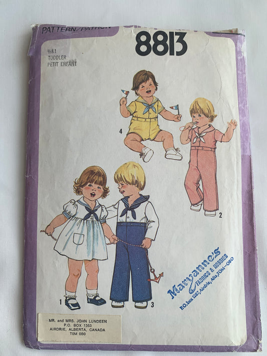 Simplicity Sewing Pattern 8813 Toddlers' Dress, Top, Pants, Shorts, Sailor Collar, Pockets, Long/Short Sleeves, Size 1 -1 1/2, Cut, Vintage 1978