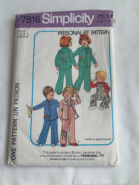Simplicity Sewing Pattern 7816 Toddlers' Coveralls, Shirt, Transfers, Long Sleeves, Button Front, Size 1/2-1, Cut, Vintage 1976