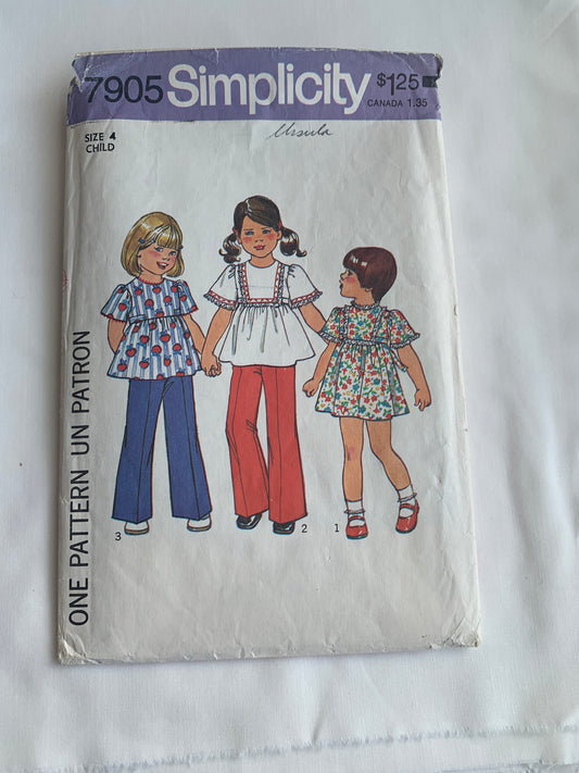 Simplicity Sewing Pattern 7905 Girls' Dress, Zipper Back, Pants, Tie Back, Short Sleeves, Size 4, Cut, Vintage 1977