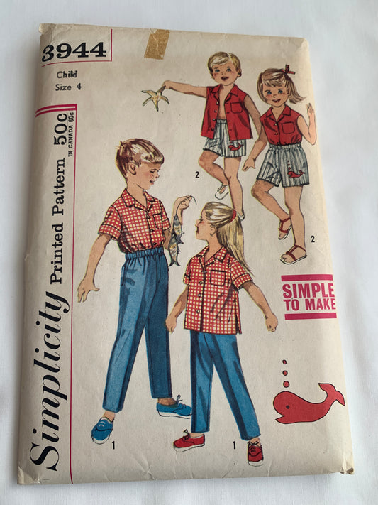 Simplicity Sewing Pattern 3944 Girl's/Boy's, Shirt, Shorts, Pants, Transfers, Elastic Waist, Short Sleeves, Button Front, Size 4, Cut, Vintage 1950