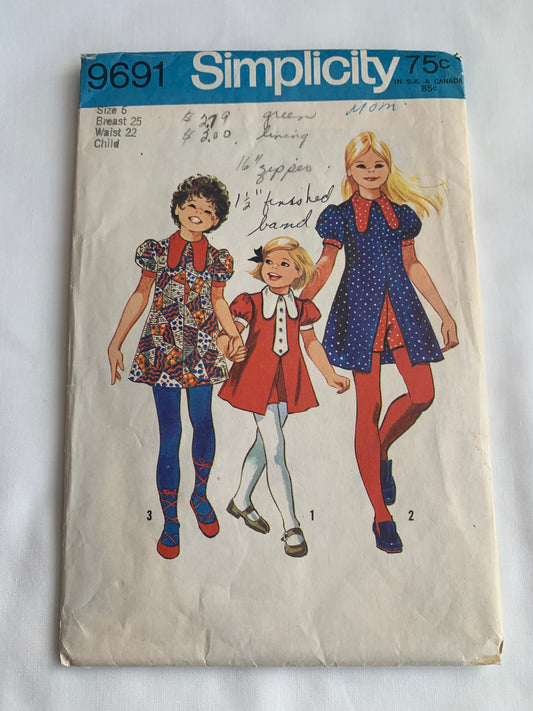 Simplicity Sewing Pattern 9691 Girls' Dress, Shorts, Short Sleeves, Zipper Back, Pull On, Elastic Waist, Cut, Size 6, Vintage 1971