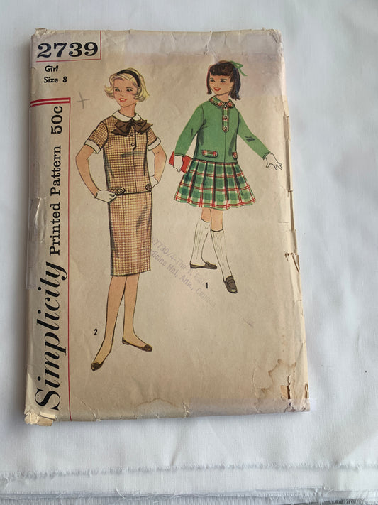 Simplicity Sewing Pattern 2739 Girls' Overblouse, Detachable Collar, Cuffs, Bow, Skirts, Size 8, Cut, Vintage 1960