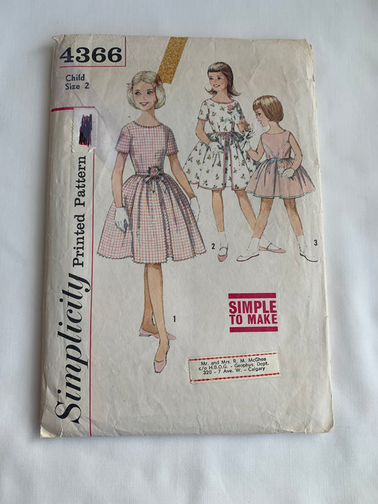 Simplicity Sewing Pattern 4366 Child's, Girls' Dress, Button Back, Flared Skirt, Short Sleeves, Sleeveless, Size 2, Cut, Vintage 1960