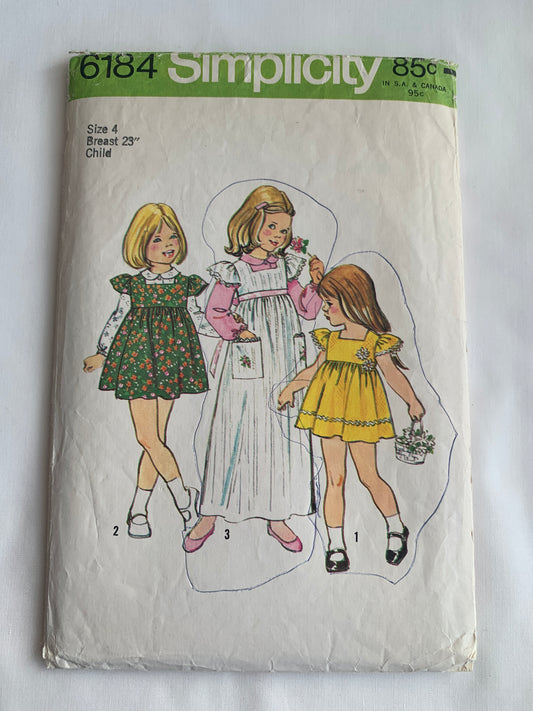 Simplicity Sewing Pattern 6184 Girls' Dress, Jumper, Blouse, Long/Short Sleeves, Two Lengths, Zipper Back, Size 4, Cut, Vintage 1973