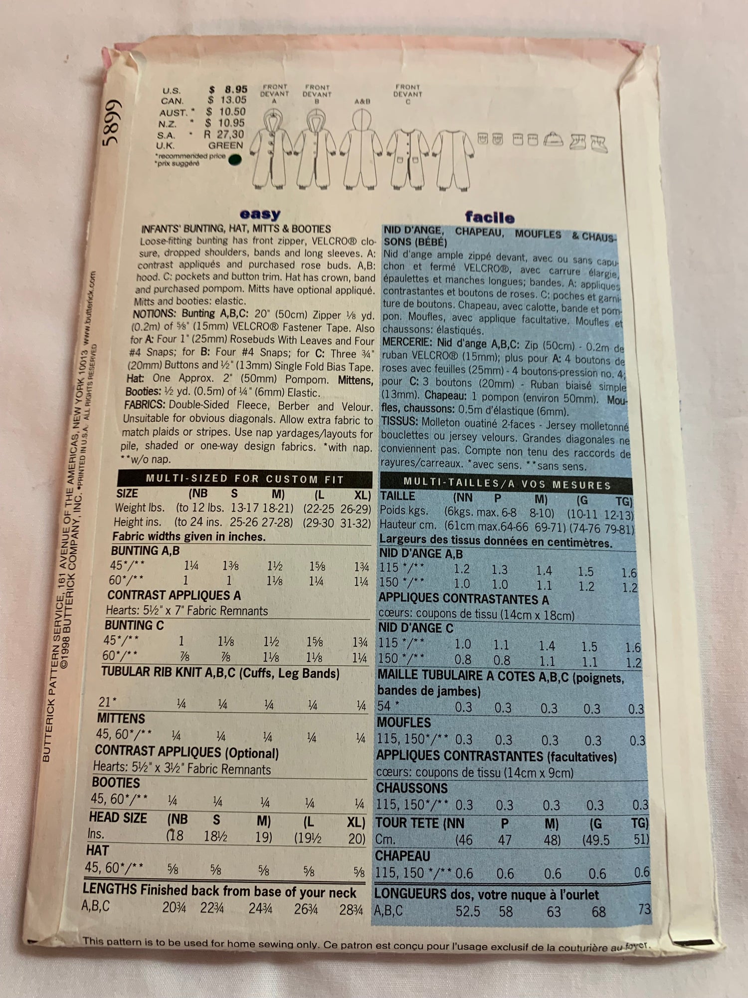 Butterick Sewing Pattern 5899 Infants' Bunting Bags, Hat, Mitts, Booties, Loose-Fitting, Zipper Front, Pockets, Size 12-29 Pounds, Uncut, Vintage 1998