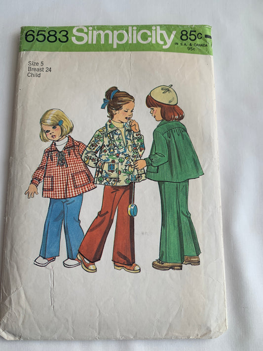 Simplicity Sewing Pattern 6583 Girls' Smock Top, Pants, Pullover, Collar, Elastic Waist, Pockets, Size 5, Cut, Vintage 1974