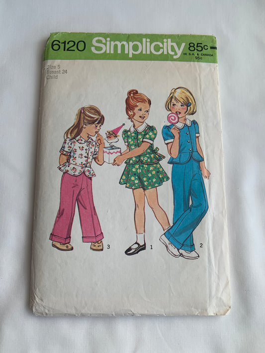Simplicity Sewing Pattern 6120 Toddlers' Top, Skirt, Pants, Tie Back, Short Sleeves, Size 5, Cut, Vintage 1973