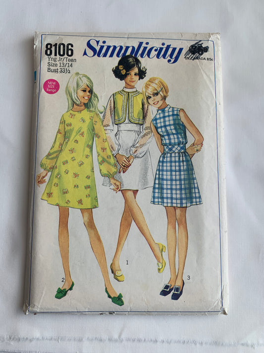 Simplicity Sewing Pattern 8106 Misses'/Juniors' Dress, Bolero, A-Line, Zipper Back, Long Sleeves, Sleeveless, Size 13-14, Cut, Vintage 1969