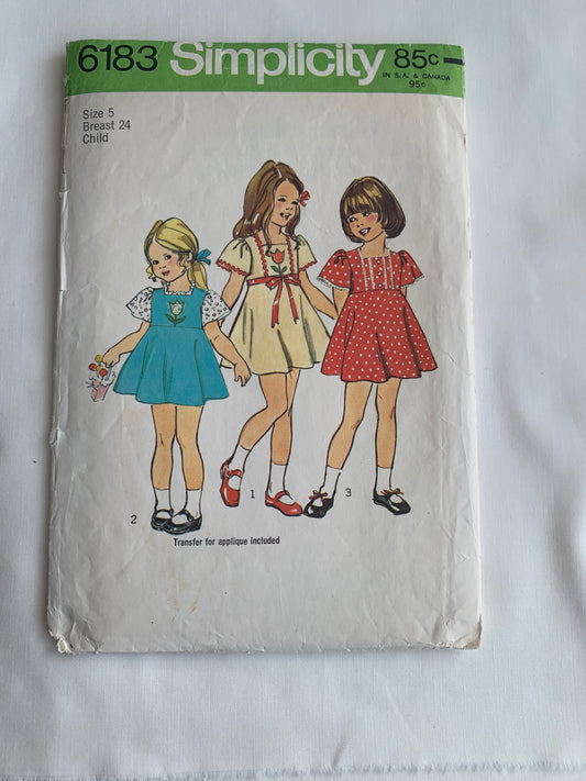 Simplicity Sewing Pattern 6183 Girls' Dresses, Transfers, Short Sleeves, Zipper Back, 3 Variations, Size 5, Cut, Vintage 1973