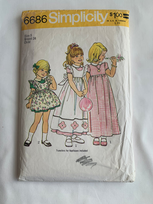 Simplicity Sewing Pattern 6686 Toddlers' Dress, Pinafore, Two Lengths, Tie Back, Button Back, Short Sleeves, Size 5, Cut, Vintage 1974